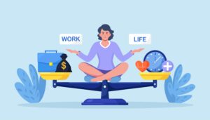 Life and work balance on scales. Woman keep harmony choose between career and money versus health and time, leisure or business. Comparison stress and healthy life, family, love versus job